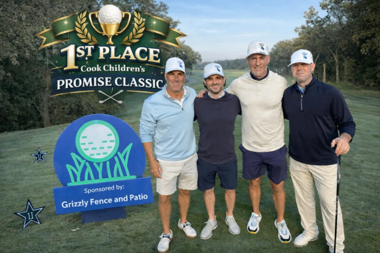 Cook Children's golf event sponsorship image showing four golfers beside a first-place Promise Classic sign sponsored by Grizzly Fence and Patio