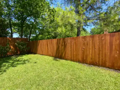 Crisp cedar privacy fence enclosing a clean, landscaped residential yard