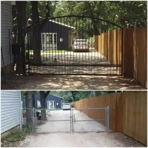 Black metal driveway gate and cedar side gate at a brick home.