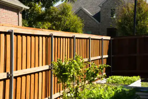 Cedar privacy fence follows the edge of a residential lawn.