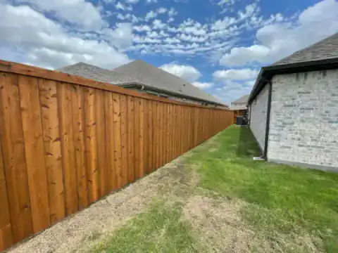 Cedar privacy fence lines a narrow residential side yard.