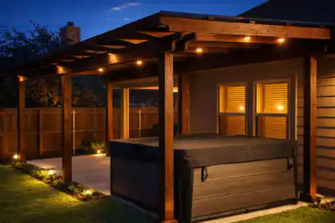 Illuminated cedar pergola creates a warm backyard retreat at night.