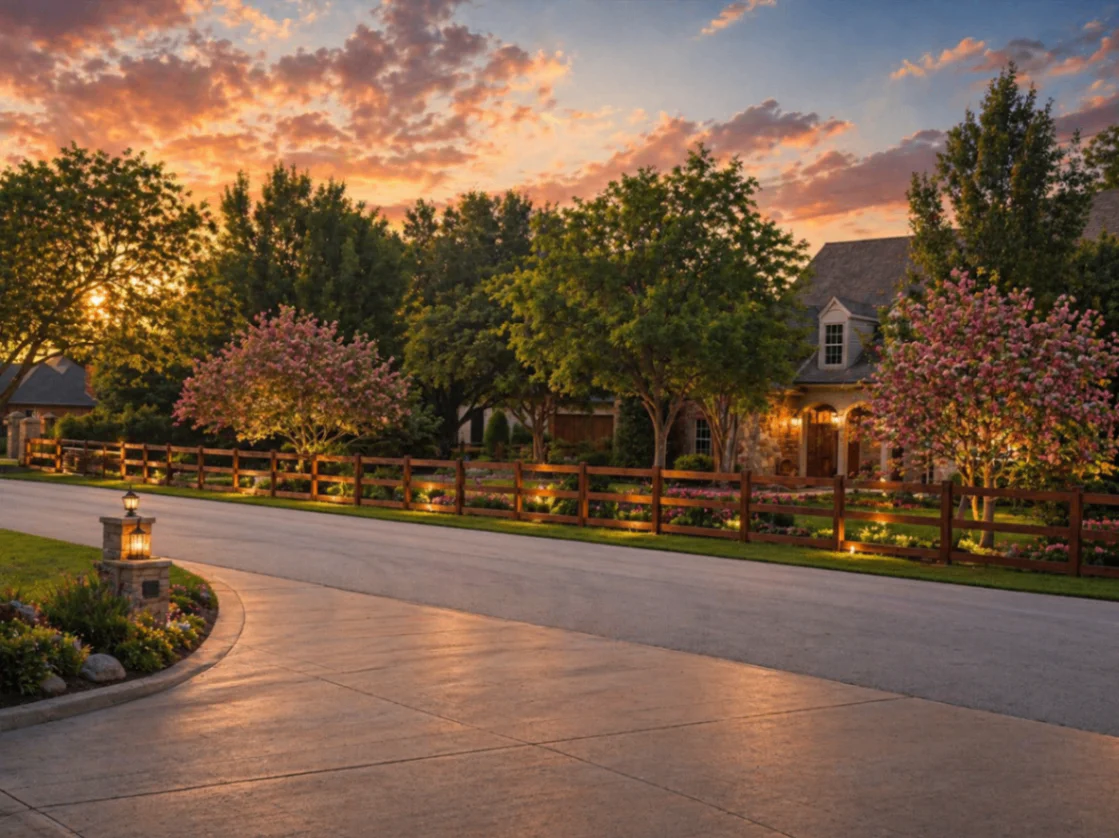 Warm sunset over a beautifully landscaped residential yard with a wood fence